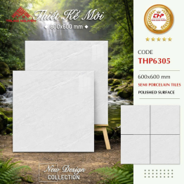 Gạch Lát Nền 600x600 THP6305 Vân Đá Trắng Bóng Kiếng Semi Porcelain