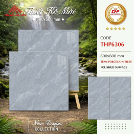 Gạch Lát Nền 600x600 THP6306 Vân Đá Xám Bóng Kiếng Semi Porcelain