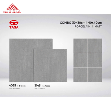 Gạch Porcelain Matt Xám TASA – Combo 30x30 & 40x40 (Mã 3145 – 4025)