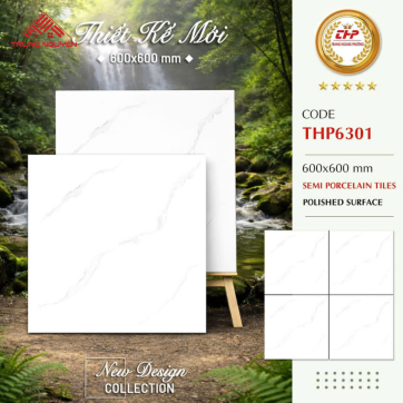 Gạch Lát Nền 600x600 THP6301 Vân Đá Trắng Bóng Kiếng Cao Cấp