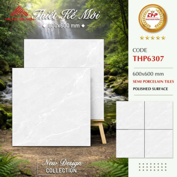 Gạch Lát Nền 600x600 THP6307 Vân Đá Trắng Sữa Bóng Kiếng
