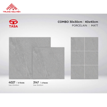 Combo Gạch Porcelain Matt TASA Màu Xám – 30x30 & 40x40 (Mã 3147 – 4027)